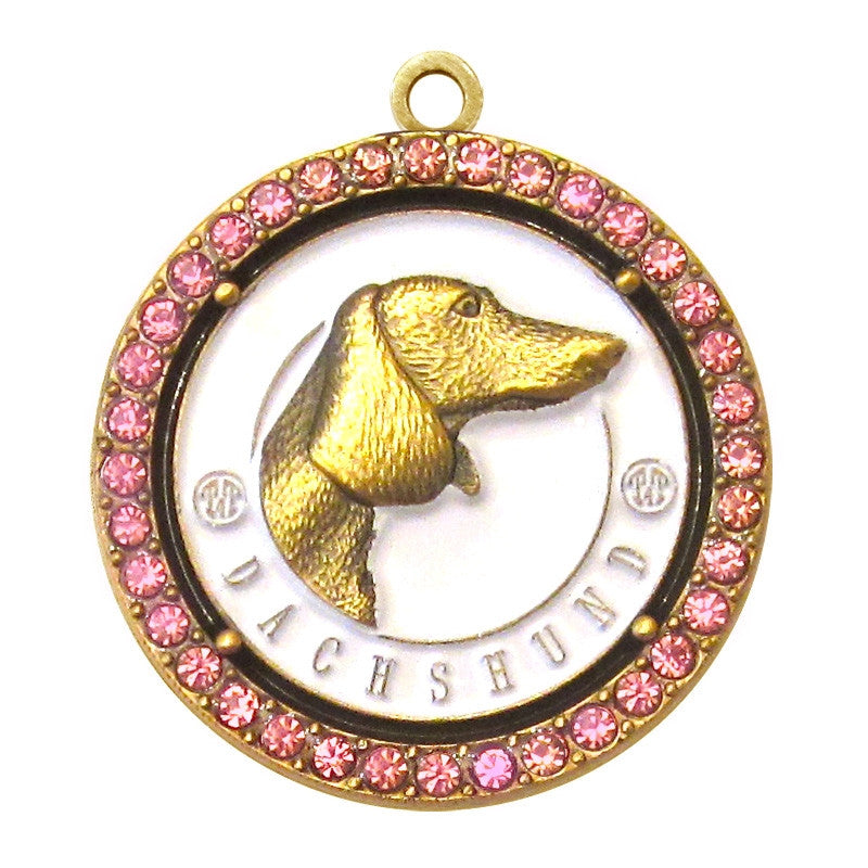 Dachshund Dog Id Tag Antique Gold Finish with Pink Stones - Tags4Tails