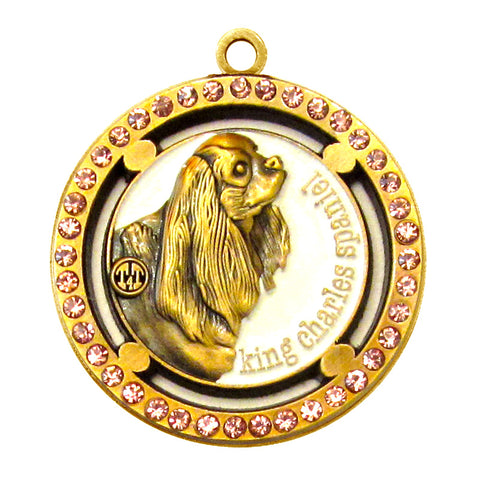King Charles Spaniel Dog Id Tag Antique Gold Finish Pink Stones - Tags4Tails