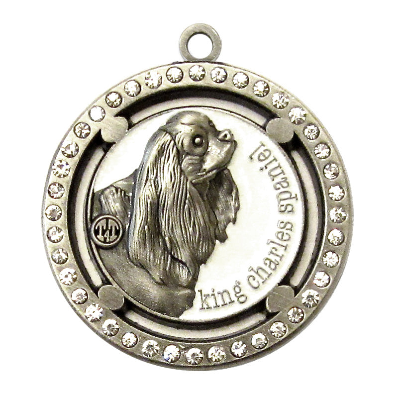 King Charles Spaniel Dog Id Tag Antique Silver Finish Clear Stones - Tags4Tails