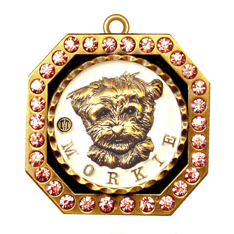 Morkie Dog Id Tag Antique Gold Finish with Pink Stones - Tags4Tails