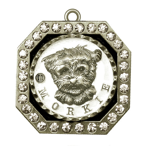 Morkie Dog Id Tag Antique Silver Finish with Clear Stones - Tags4Tails