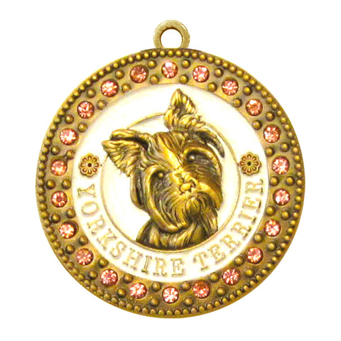 Yorkshire Terrier Dog Id Tag Antique Gold Finish with Pink Stones - Tags4Tails