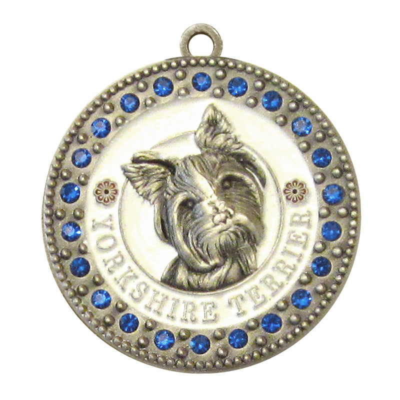 Yorkshire Terrier Dog Id Tag Antique Silver Finish with Blue Stones - Tags4Tails