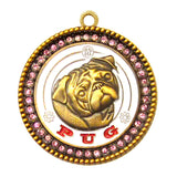 Pug Dog Id Tag Antique Gold Finish with Pink Stones - Tags4Tails